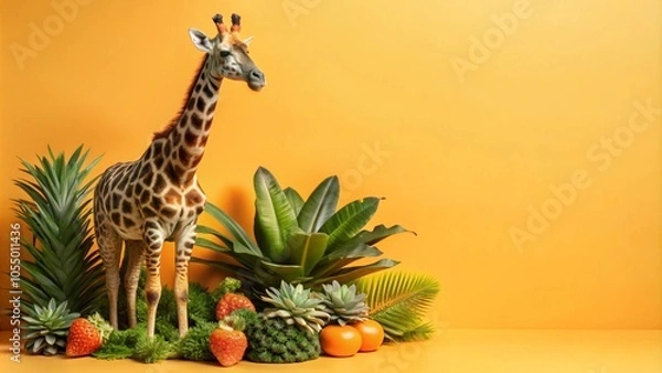 Fototapeta A giraffe standing in front of a yellow background with tropical plants and fruit.