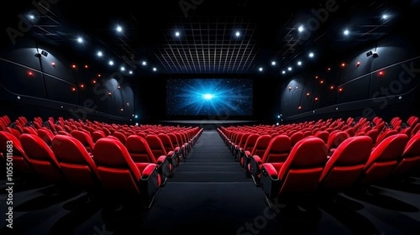 Fototapeta Immersive Movie Theater Experience with Red Seats and Large Projection Screen