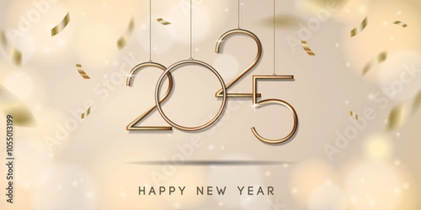 Fototapeta 2025 Happy new year banner with hanging golden numbers and confetti. Vector illustration