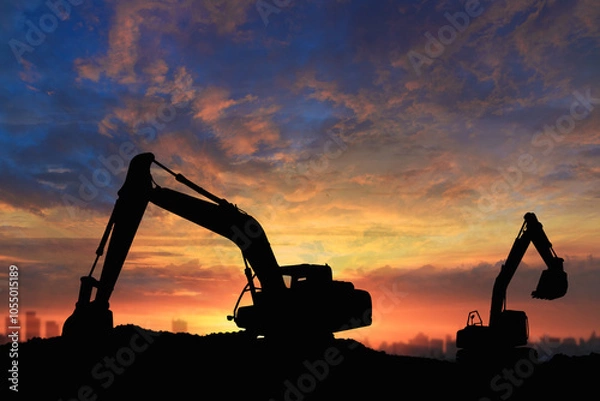 Fototapeta Crawler excavators silhouette are digging the soil in the construction site. on  sunset background