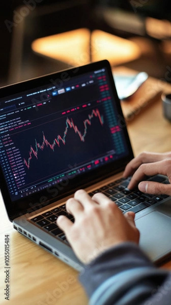 Obraz A man is typing on a laptop computer with a stock market graph displayed on the screen. The man is focused on the graph and typing on the keyboard