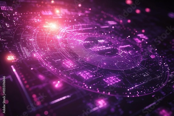Fototapeta Abstract digital technology background with glowing purple and pink circles and lines.