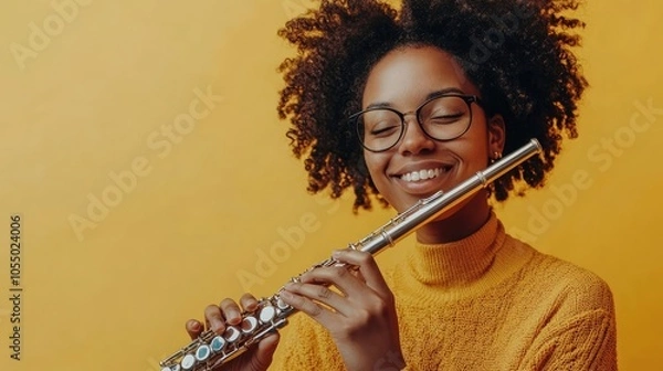 Fototapeta Music teacher with a flute, smiling warmly, set on a yellow background