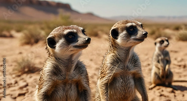 Fototapeta Illustration of a group of curious meerkats standing upright in a desert landscape, all looking forward with alert expressions against a sandy backdrop.