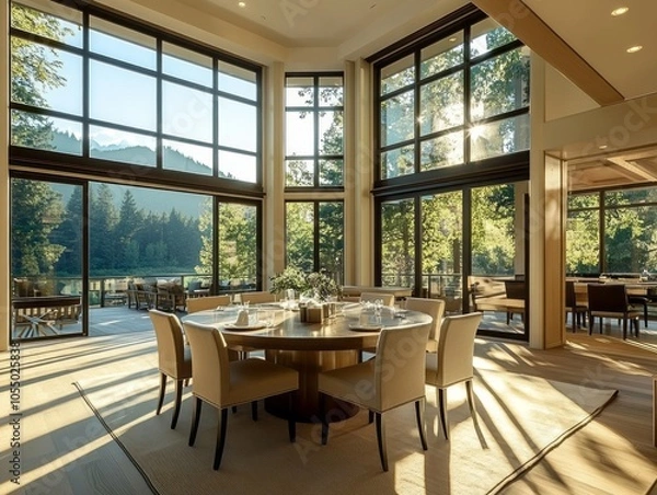 Fototapeta Round dining table with modern chairs, surrounded by large windows for dramatic natural lighting