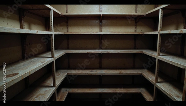 Obraz Empty wooden pantry shelves in dim light, minimalism concept