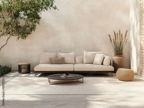 Fototapeta Simple outdoor patio with a minimalist design, featuring a basic two-seater sofa in light beige and a small coffee table