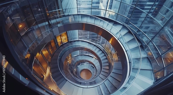 Fototapeta Architectural Marvel: A Spiral Staircase Winding Through a Modern Skyscraper