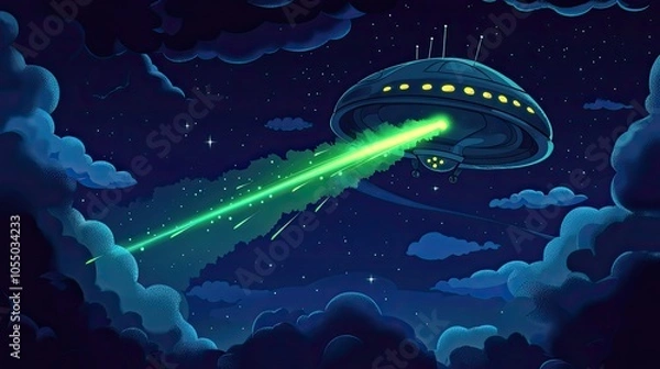 Obraz a cartoon-style UFO hovering in a starry night sky. The UFO is a classic flying saucer shape with a domed top and a ring of lights around the bottom. Green beams of light shoot out from the bottom of 