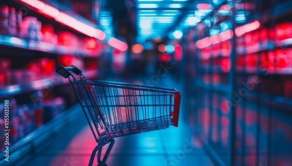Fototapeta Empty Shopping Cart in a Neon Grocery Store