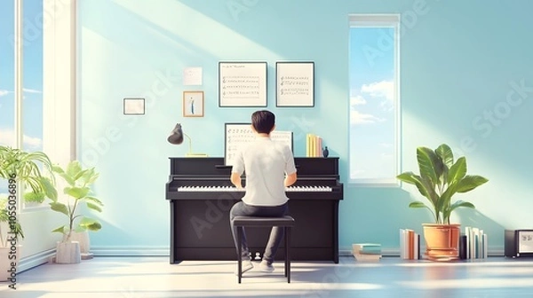 Fototapeta A serene moment of music creation at home