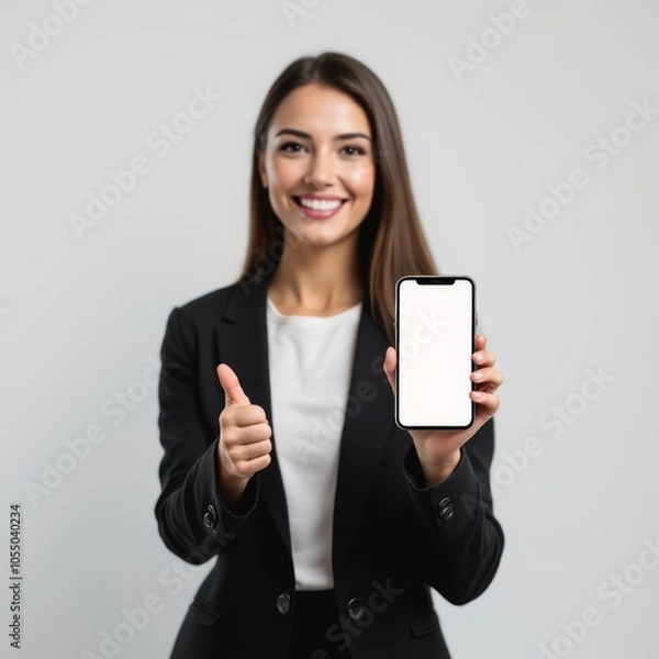 Obraz Smiling young brunette woman in a white blouse presenting a smartphone with a blank screen