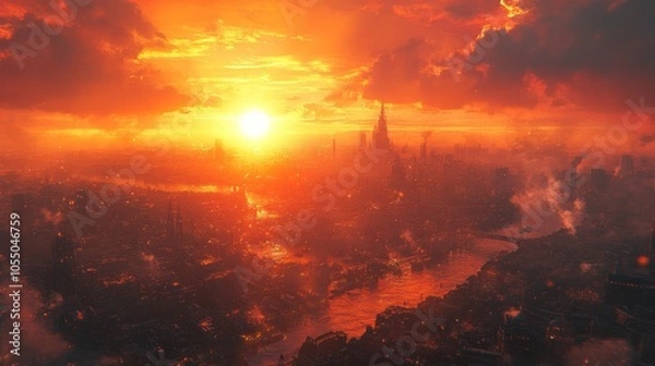 Fototapeta A vibrant sunset over a cityscape with smoke and reflections.