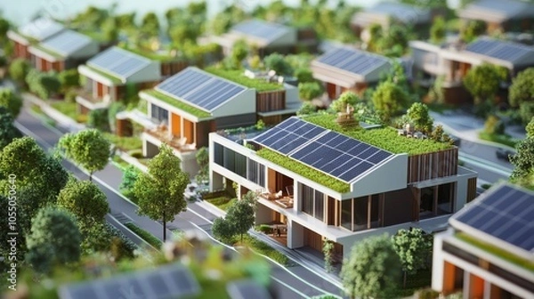 Fototapeta Future City Planning: 3D Model with Solar Panels and Green Rooftops