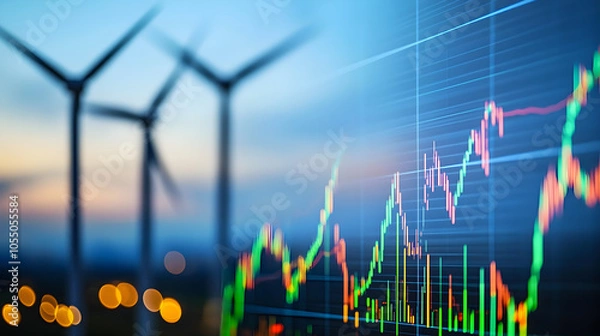 Obraz Wind turbines and stock market graph showing the growing energy sector.