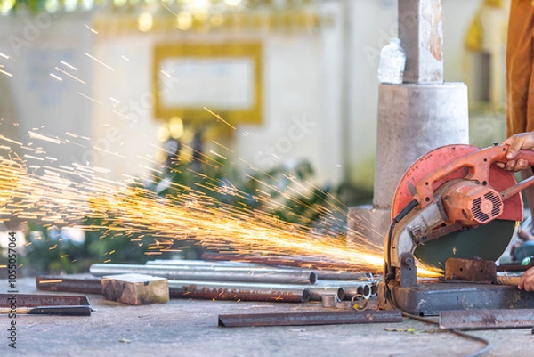 Fototapeta Blurred background of a craftsman using a machine, a saw blade cutting metal and sparks of scrap metal coming out. Use of tools and technology in construction.