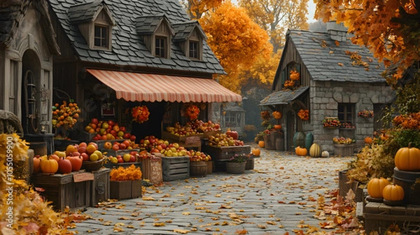 Fototapeta A charming autumnal street scene with a fruit stand overflowing with produce and pumpkins, cobblestone streets lined with fallen leaves, and stone houses with red awnings.