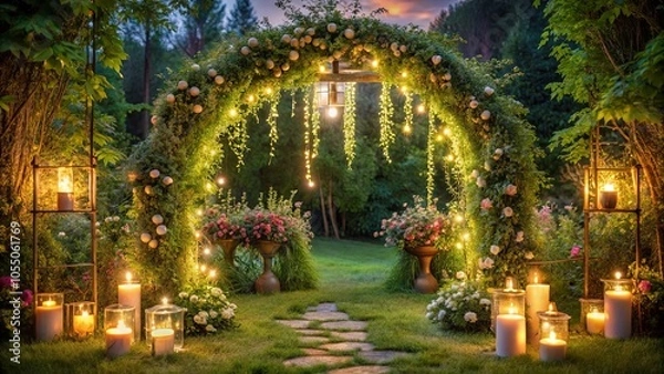 Fototapeta A garden path illuminated by flickering candlelight leads to a lush, flower-laden archway, a magical passage adorned with glowing lights, creating an enchanting ambiance for a special occasion.