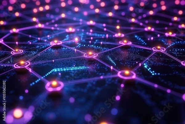 Fototapeta Abstract network of glowing nodes and lines, representing connections and data flow.