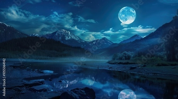 Obraz Serene Moonlight over Mountain River