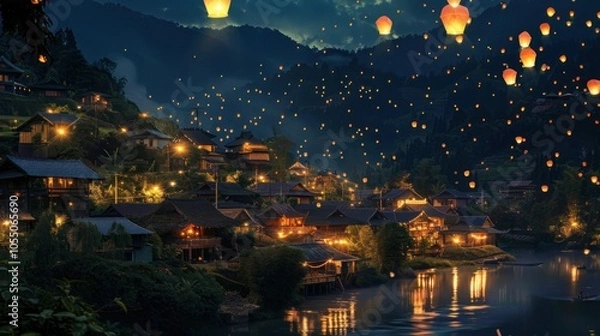 Obraz Night Sky Lights Up with Floating Lanterns