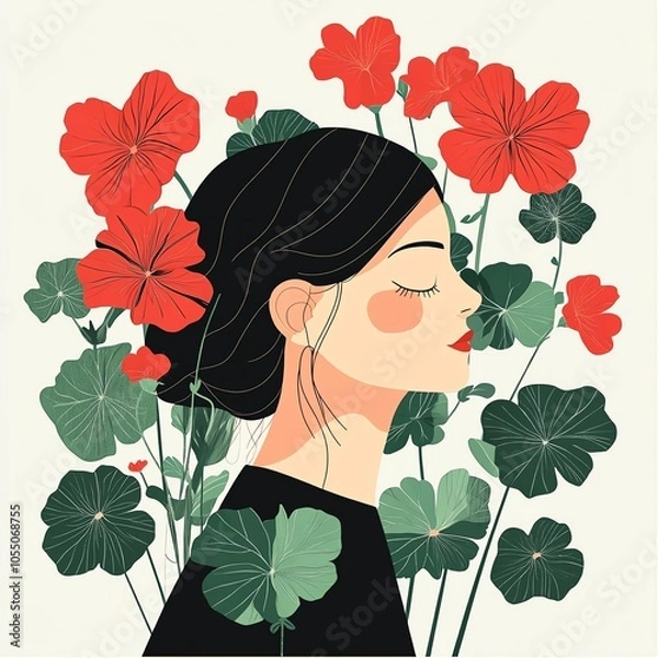 Obraz Human with geraniums in mixed colors, delicate botanical details, flat design illustration
