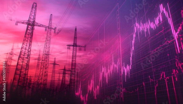 Fototapeta A glowing graph superimposed over the silhouette of electrical pylons against a red sky.