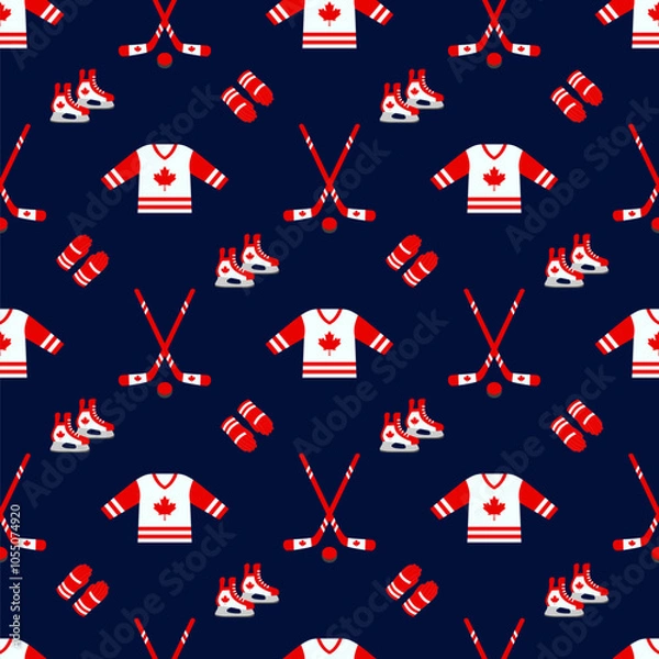 Fototapeta Ice hockey vector background. Canada hockey stick and puck seamless pattern in a Canadian flag traditional colors and maple leaf symbols. Winter outdoors repeated print for sporting design, wallpaper.