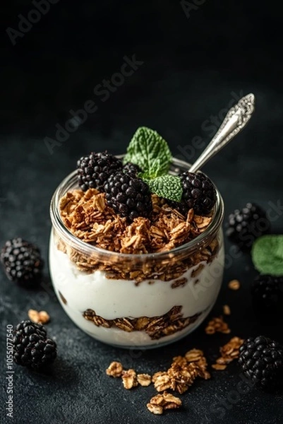 Fototapeta A glass jar filled with yogurt, granola, and blackberries, garnished with a sprig of mint.