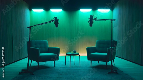 Obraz A minimalist podcast studio with two chairs, a coffee table, and two microphones in front of a green wood-paneled wall.
