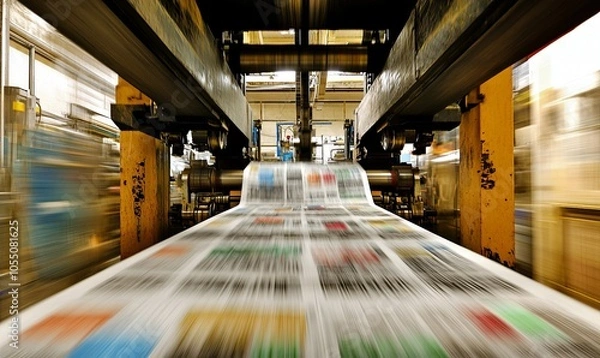 Obraz A newspaper printing press in operation, showing the paper being rolled and printed.