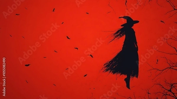 Fototapeta Halloween eerie red vector background featuring simple witch outlines