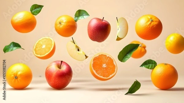 Fototapeta A set of falling apples and oranges with realistic shadows and vibrant natural colors