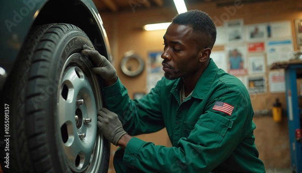 Fototapeta Expert male mechanic in a green jumpsuit carefully inspects a car tire in a rustic garage adorned with posters and various tools