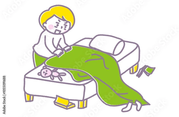 Obraz 起き抜けした寝具を整えている人のイラスト（パステル）