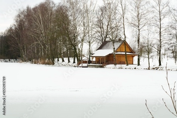 Fototapeta Frozen pond with a cottage near the village of Babice. Czechia.