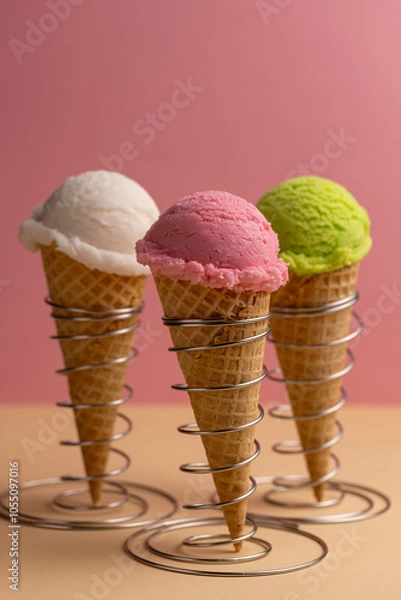 Fototapeta A ball of ice cream in a waffle cone, an assortment of flavors, raspberry, pistachio, mint, strawberry