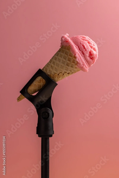 Fototapeta A ball of ice cream in a cone in a microphone stand, the concept of the music industry