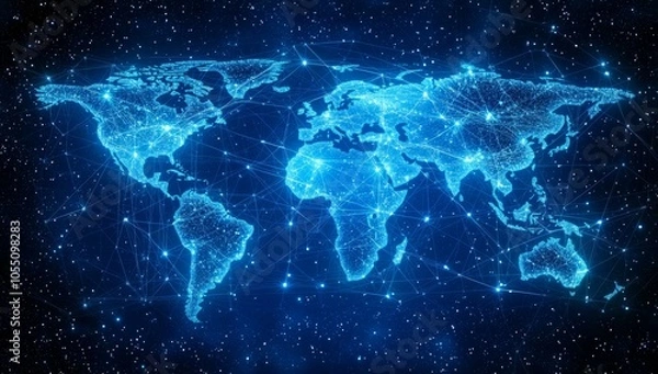 Fototapeta Digital Data Flow and Global Network Concept with Blue Glowing Lines on World Map