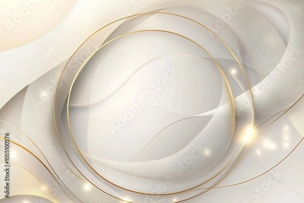 Fototapeta Abstract white and gold background with flowing lines and circular frame.