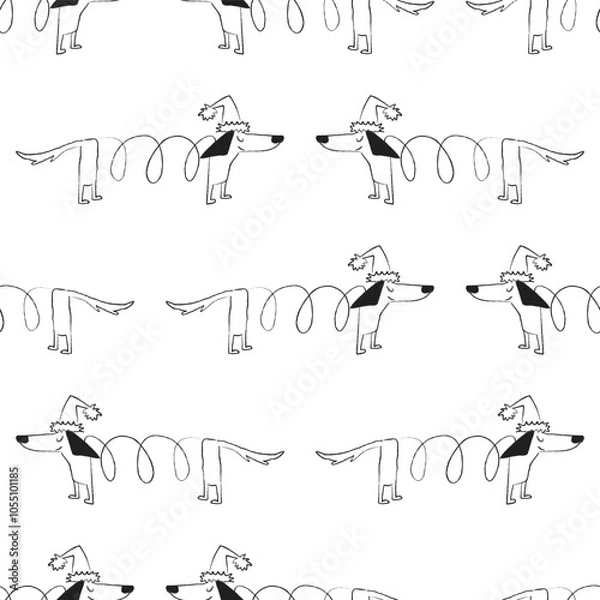 Fototapeta A seamless pattern with doodle dachshund dogs wearing Christmas hats. Hand drawn New Year print.