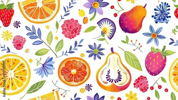 Fototapeta Vibrant floral and fruit seamless pattern