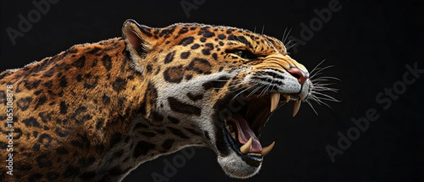Obraz Close up of a jaguar roaring with its mouth wide open, showing sharp teeth.