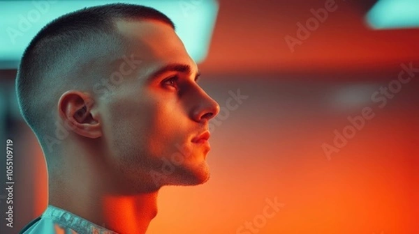 Obraz A close up portrait of a man receiving a stylish buzz cut hairstyle at a contemporary and well lit barbershop showcasing the deep depth of field and sleek sharp aesthetic of the setting