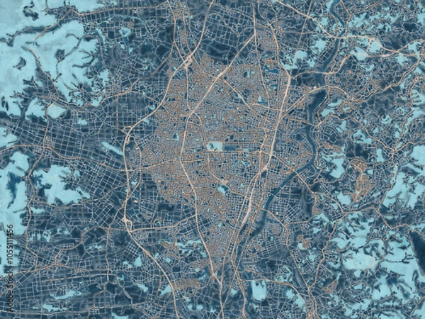 Fototapeta Painterly Style City Map of Koriyama, Japan in a Blue Color Scheme.
