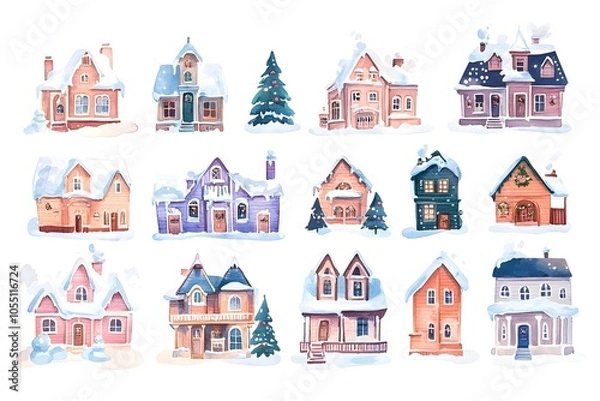 Fototapeta Watercolor hand draw Christmas illustration with house, tree and snow, isolated on white background.
