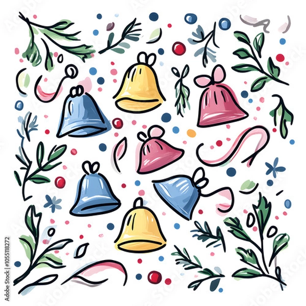 Fototapeta Joyful Christmas and New Year Collection: Santa, Festive Animals, Whimsical Decorations, Cozy Holiday Scenes, and Playful Winter Elements on White Background