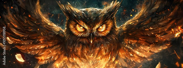 Fototapeta Fiery owl with intense gaze and outstretched wings.