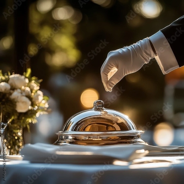Fototapeta Elegant server lifting a silver cloche in a sophisticated dining setting.