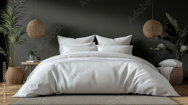 Obraz A minimalist bedroom with a white bed, wooden floor, and wicker baskets and lamps.